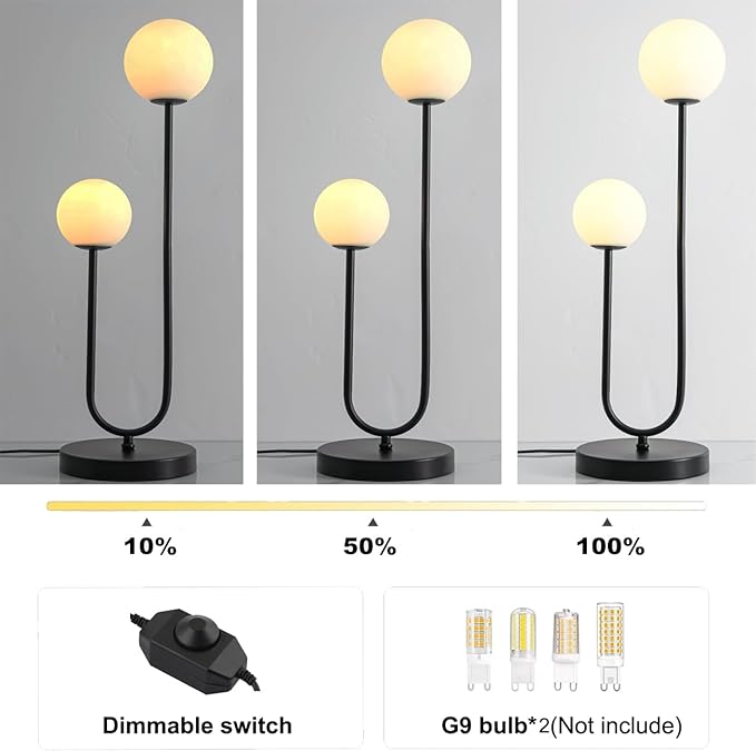 Black U-Shape 2-Light Table Light Mid Century Black Globe Table Lamp with Milk White Glass Shade Metal Base Nightstand Lamp for Bedroom Bedside,G9 Bulb