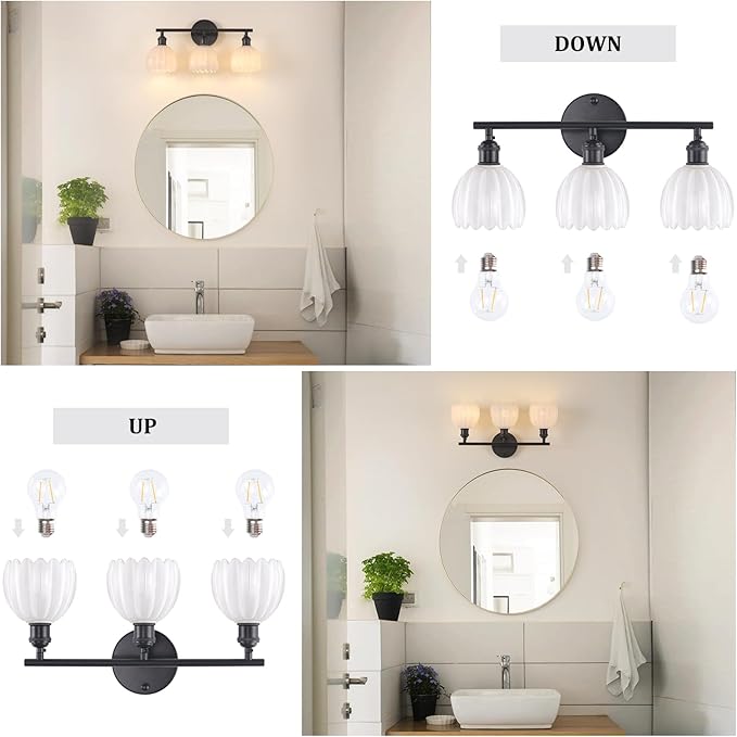 Bathroom Light Fixtures, 3-Light Black Vanity Wall Light Over Mirror with White Tulip Glass Shade for Bedroom Living Room