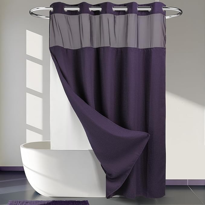 River Dream Heavyweight No Hooks Required Dotted Waffle Weave Shower Curtain with Snap in Liner - 71W x 74H,Hotel Grade,Spa Like Bath Curtain,Regal Purple