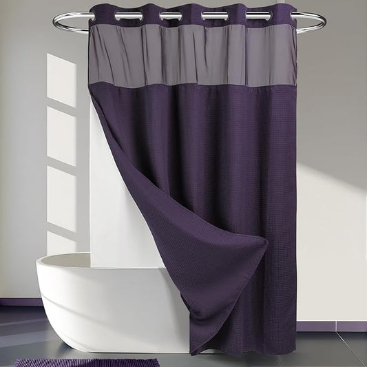 River Dream Heavyweight No Hooks Required Dotted Waffle Weave Shower Curtain with Snap in Liner - 71W x 74H,Hotel Grade,Spa Like Bath Curtain,Regal Purple