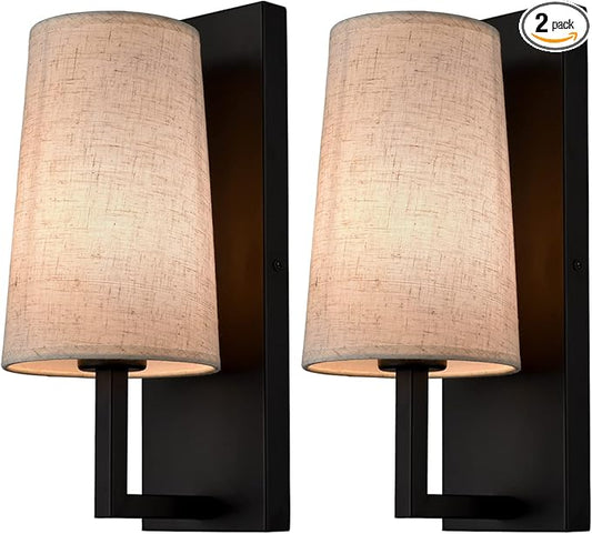Farmhouse Black Wall Sconces Set of Two Modern Matte Black Wall Lamp with Fabric Shade for Bedroom Hallway Living Room