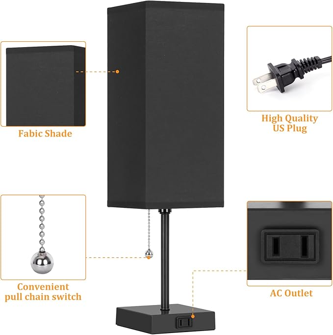 Table Lamp for Bedroom set of 2,3-Color Bedside Lamps with Pull Chain Table Lamps for Nightstand with AC Outlets,18'' Night Light Lamps with 2 Bulbs Lamps for Living Room Kids Office Decor（Black）