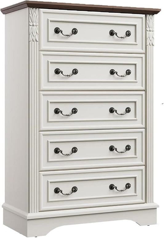 BLANKSPACE Farmhouse Dresser with 5 Drawers, Chest of Drawers for Bedroom, Hallway, Living Room, or Office Organization （Antique White）