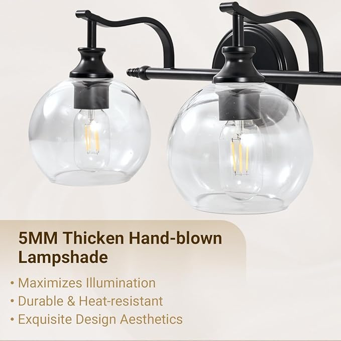 ANDY STAR 4 Light Bathroom Vanity Lights, Matte Black Bathroom Light with Clear Globe Glass Lampshade, 30.5 Inch Industrial Wall Lamp, E26 Base, Bulbs Not Included