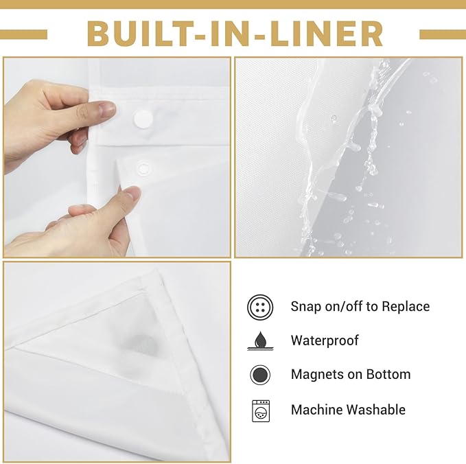 No Hook Shower Curtain with Snap in Liner, Polyester Textured Shower Curtain with Liner Set, Waterproof Washable Hotel Style Shower Curtains for Bathroom, 71Wx77H, White
