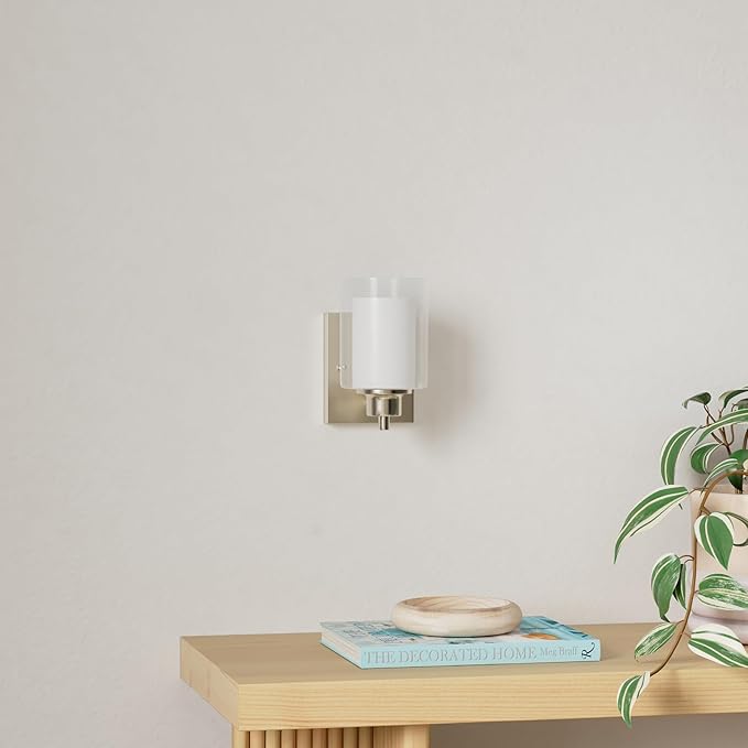 2 Pack Bath Vanity Light Fixtures 1-Light, Indoor Brushed Nickel Wall Light with Dual Glass Shade, Modern Bathroom Wall Scone Lighting, Vintage E26 Base Wall Mount Lamp for Bedroom