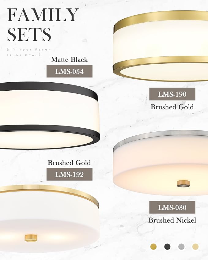 LMS Flush Mount Ceiling Light Fixture, Modern Brushed Gold Bathroom Ceiling Light with Drum Milky White Acrylic Shade, Kitchen, Living Room, LMS-192