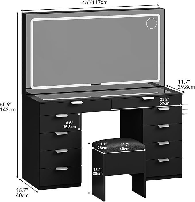 DWVO Vanity Desk with Large Mirror, 10-Drawer Glass Top Makeup Vanity, 3-Mode LED Lighting, Charging Ports and Stool
