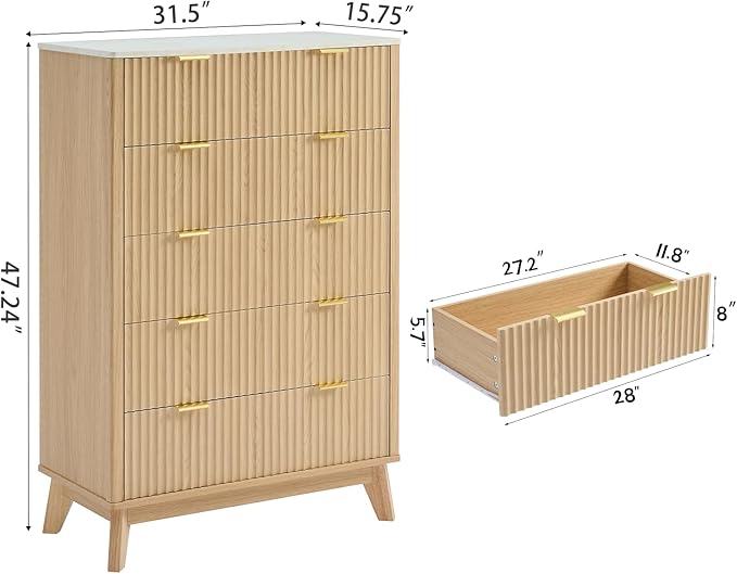 Fluted 5 Drawers Dresser for Bedroom, 48" Tall Modern Chest of Drawers with Metal Handle, Farmhouse Dresser TV Stand, Wood Drawer Organizer for Bedroom, Living Room, Hallway (Natural Oak)