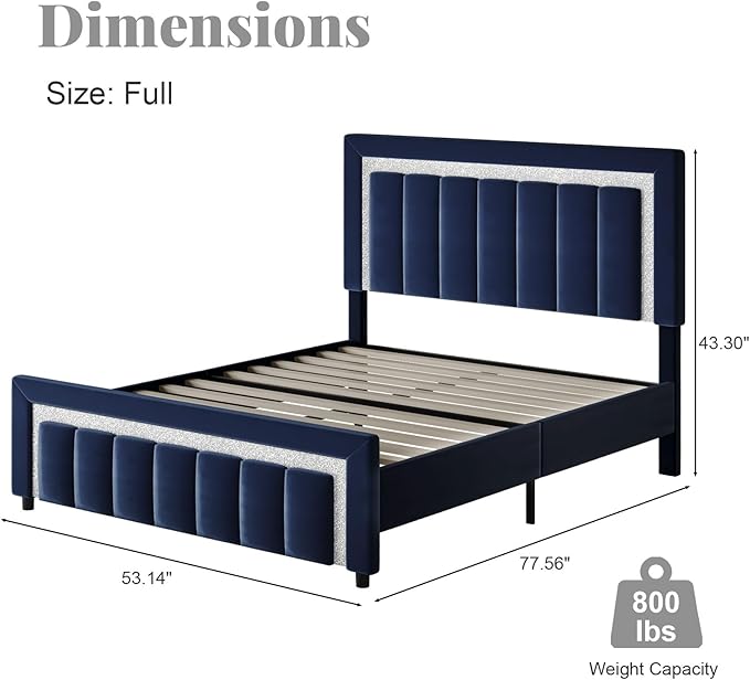 HOMBCK Full Size Bed Frame with Upholstered Headboard and Footboard, Full Size Upholstered Bed Frame with Diamond Design, No Box Spring Needed, Easy Assembly, Blue
