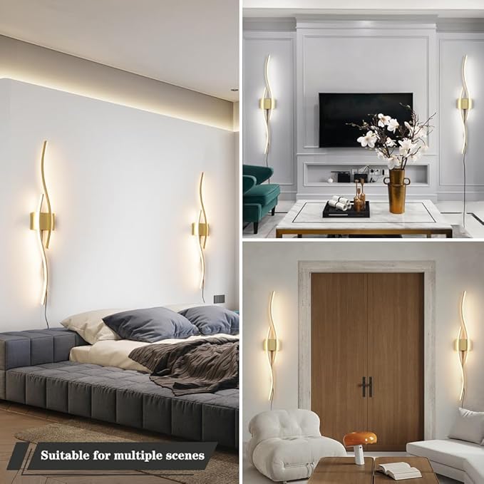 Modern Gold Plug in Wall Sconces Set of Two, RC Dimmable LED Plug in Wall Light, Wall Lamps with Plug in Cord for TV Wall Sconces, Gold Sconce Wall Lighting for Living Room, Hallway, Bedroom