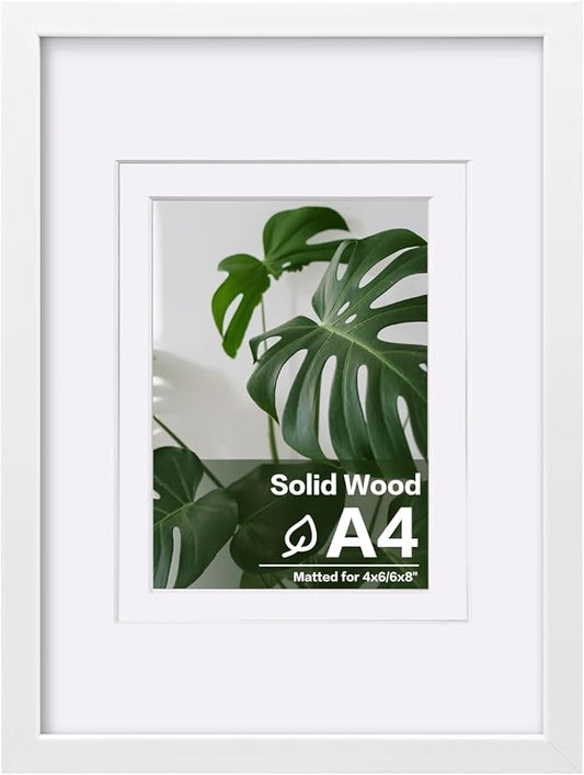 Egofine A4 Picture Frame White Covered by Plexiglass Made of Solid Wood, Display Pictures 4x6/6x8 with Mat or A4 Without Mat for Table Top and Wall Mounting