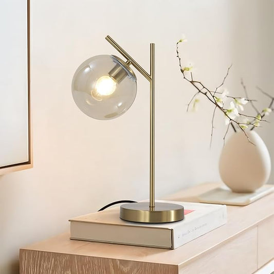 Mid Century Modern Table Lamp Gold Globe Nightstand Lamp with Cognacs Glass lampshade Metal Brass Desk Lamp for Bedroom Living Room Study Room
