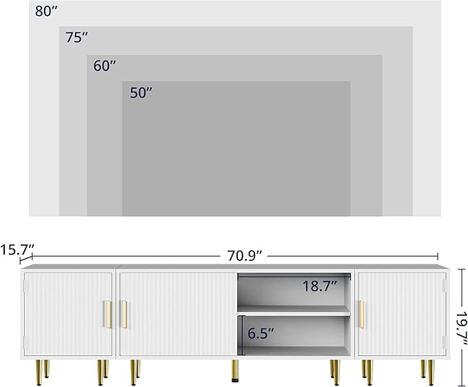 Cozy Castle 75" Modern Fluted Stand for TV up to 80", Mid Century Entertainment Center with Storage and Open Shelves, Media Console for Living Room, Bedroom, White