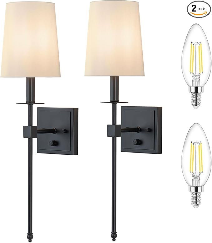 Wall Sconces Sets of 2, Retro Industrial Wall Lamps, Hardwired Bathroom Vanity Sconces Wall Lighting with White Fabric Shade, Indoor Wall Lights for Bedroom Living Room Corridor Black