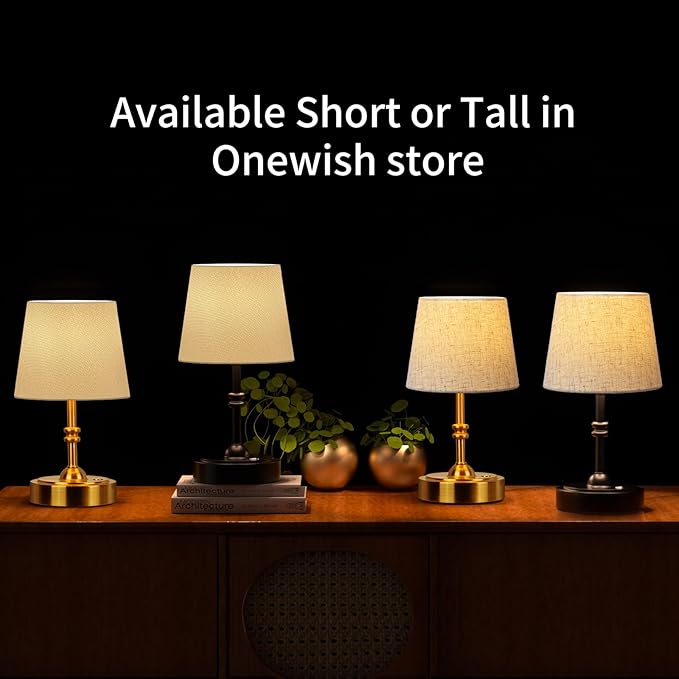 ONEWISH Small Cordless Lamp, Battery Operated Table lamp Dimmable, 4000mAh Rechargeable, Touch Bedside Lamp with Beige Linen Fabric Shade, 2700K Bulb Included, for Dining, Patio, Bathroom(Gold)