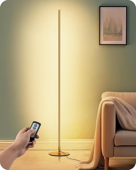EDISHINE LED Corner Floor Lamp with Remote, 57.5" Minimalist Dimmable Corner Light, Tall Floor Lamps for Living Room, Bedroom, Office, 3000K Warm White Light (Gold)