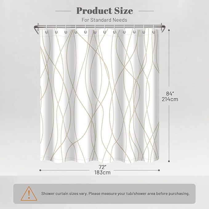 Punkray Beige Khaki Shower Curtain for Bathroom with Hooks, Extra Long Shower Curtain Set Stripe Bath Curtains Decorative White Shower Curtains Weighted Hem Water Repellent Washable, 72 x 84