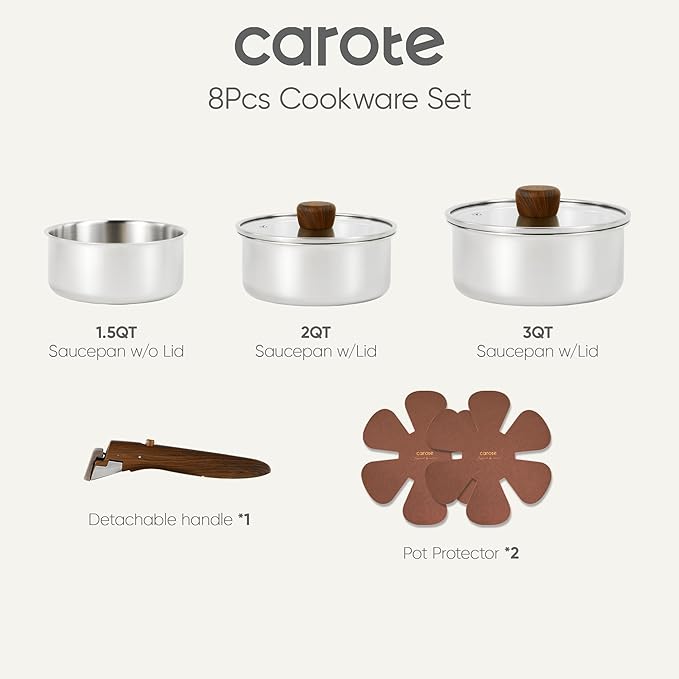 CAROTE Stainless Steel Sauce Pan with Detachable Handle, 8pcs Stainless Steel Pot, 1.5QT&2QT&3QT Saucepan with Lid, Non-Toxic Induction Kitchen Cookware, Removable Handle, Oven Safe, Woodgrain