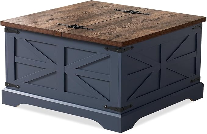 oneinmil Farmhouse Coffee Table with Storage Organizer, Square Coffee Tables with Large Storage Space, Center Table for Living Room, Bedroom, Home Office, Blue