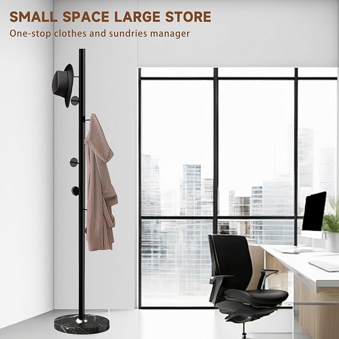 Metal Coat Rack Freestanding, Sturdy Coat Rack Stand with Natural Marble Base, Coat Racks Tree Hats Hanger Holder Stand for Entryway, Hallway, Bedroom(8 Hooks)