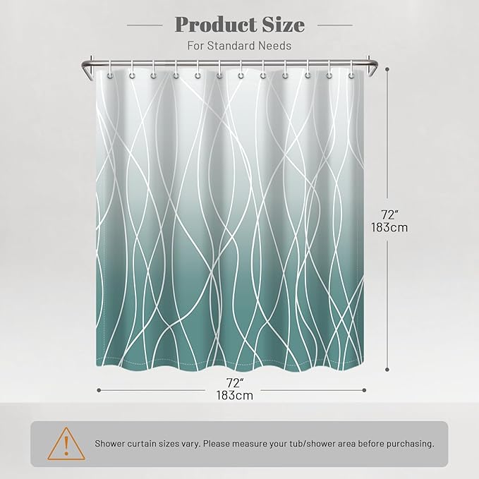 Punkray Ombre Teal Striped Polyester Shower Curtain for Bathroom with Hooks, Shower Curtains for Bathroom, Waterproof Bath Accessories Hotel Style - Machine Washable 72 x 72