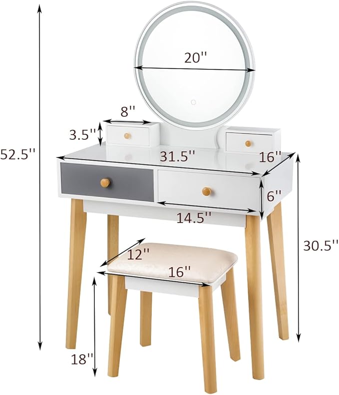 CHARMAID Vanity Set with Lighted Mirror, 3 Color Touch Screen Dimming Mirror, Adjustable Brightness, Bedroom Makeup Dressing Table with 4 Drawers and Cushioned Stool for Girls Women, White & Gray