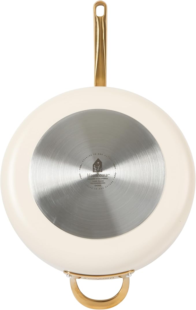 bloomhouse 6 QT Heavy Duty Aluminum Premium PFA Free Ceramic Nonstick Saute/Deep Frying Pan Skillet with Lid - Almond Cream w/Gold Handle