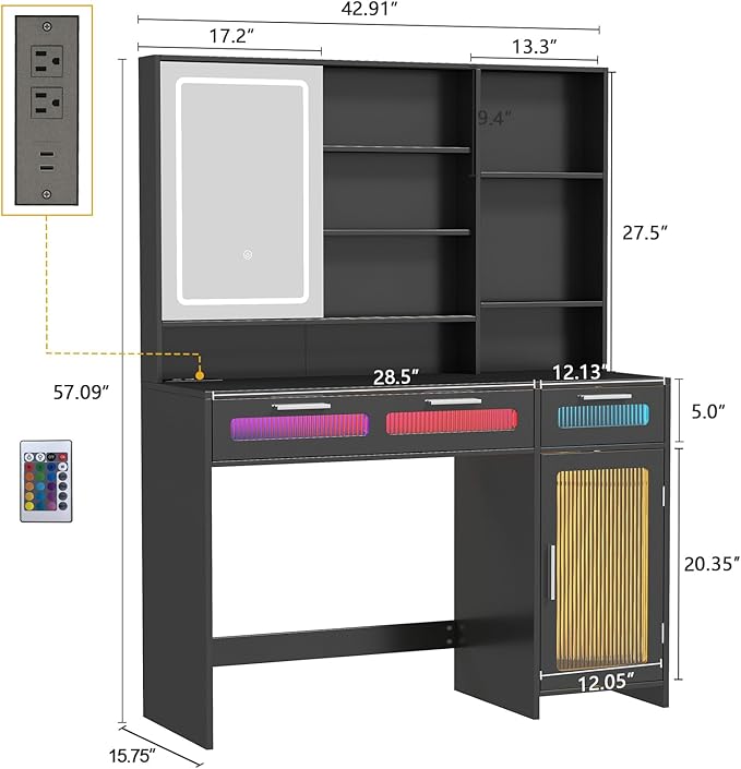 Hadulcet Makeup Vanity Desk with LED Lights Mirror, 43" Black Vanity Desk with Mirror and Lights, Sliding Mirror & RGB Drawers, Power Outlet, Dressing Table for Women Girls Bedroom