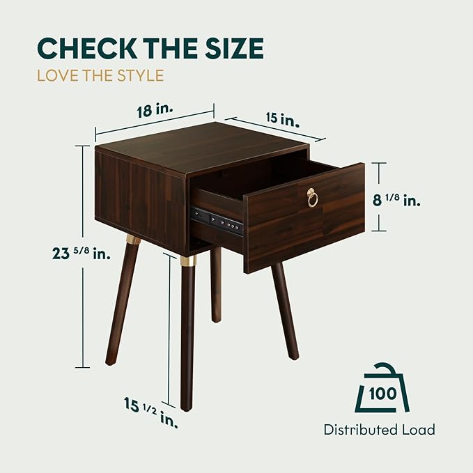 Bme Alden Wood Nightstand, Solid Wood End Table, Mid Century Modern Nightstand, Side Table with 1 Drawer, Compact for Bedroom, Living Room & Study Room, Easy Assembly, Walnut
