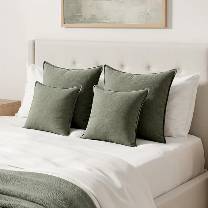 MIULEE Decorative Linen Pillow Covers 24x24 Inch Olive Green Boho Farmhouse Neutral Couch Throw Pillows for Bed Pack of 2 Accent Outdoor Pillowcase Modern Sofa Cushion Livingroom Home Decor