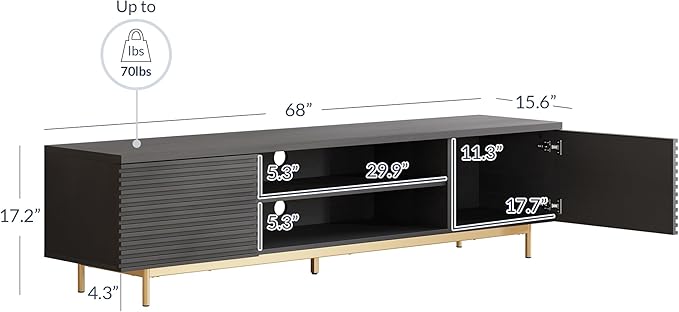 BELLEZE 68" Fluted TV Stand for TV up to 75", Modern Entertainment Center with Storage Cabinet, Slatted Door Decorated Media Console Table, Home Living Room Bedroom Furniture(Ebony)