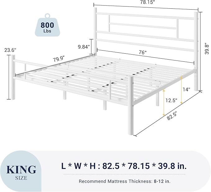 Allewie 14 Inch King Size Metal Platform Bed Frame with Headboard and Footboard, Underbed Storage, Strong Metal Slats Support, Mattress Foundation, No Box Spring Needed, Easy Assembly, White