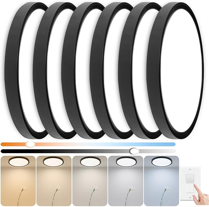 6 Pack 15.8 Inch LED Flush Mount Ceiling Light, 32W 3520LM 5 CCT Selectable (2700K-6500K), Dimmable Ultra-Thin Round Fixture for Kitchen Bedroom Laundry Hallway, Black