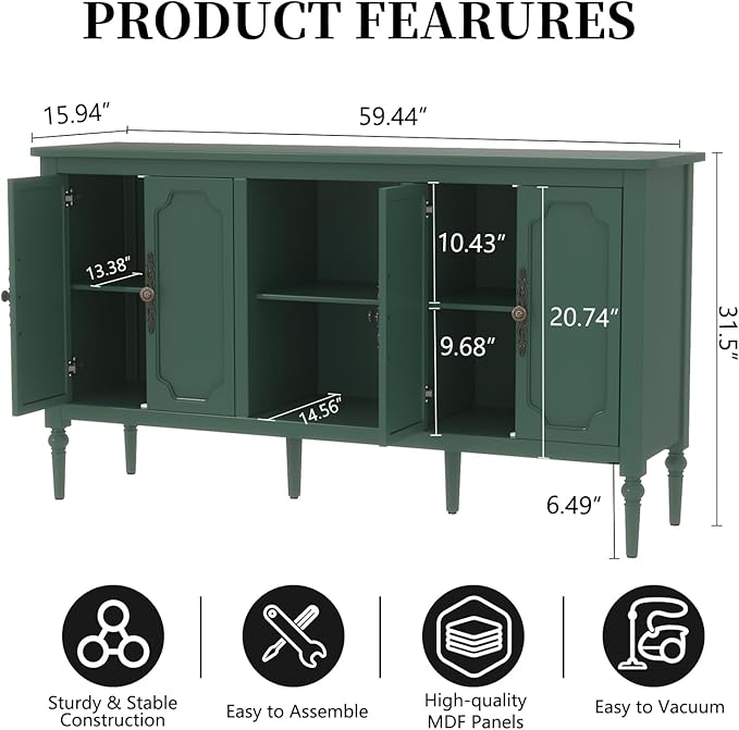 Vintage Buffet Sideboard Cabinet with 4 Doors, 59" Mid Century Modern Storage Cabinet with Shelf, Decorative Accent Credenza TV Stand (Green)