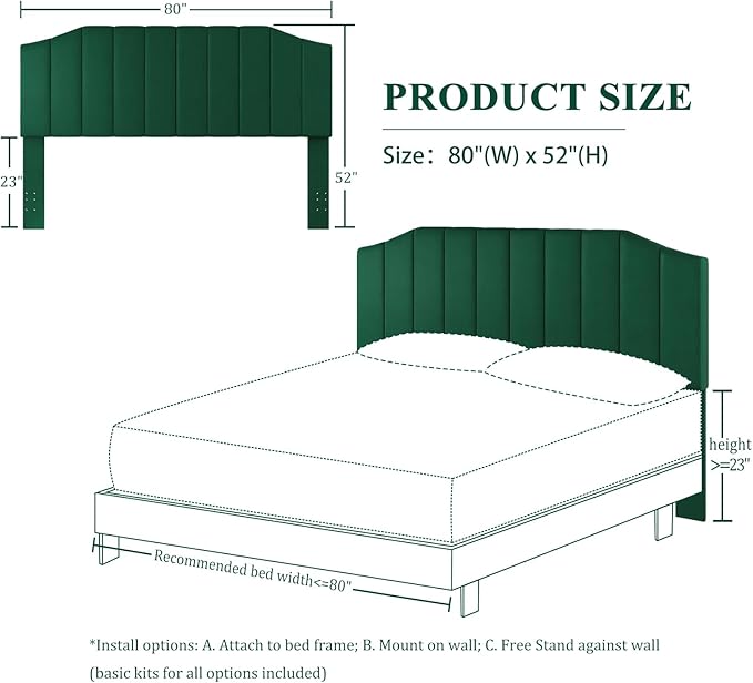 King Size Headboard Only, Velvet Upholstered Headboard King/California King Size Wall Mount and Bed Frame Mount, Featuring High-Density Sponge Padding Easy Assembly Comfort Style-Jade Green