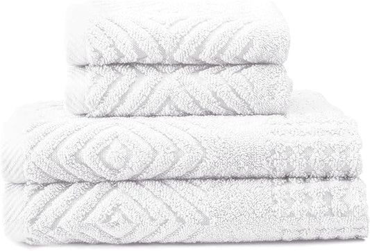 Texere 100% Organic Cotton Diamond Jacquard 700 GSM Luxury Bath Towel Sets - Ultra Soft and Absorbent Hotel and Spa Quality (Diamond, Bright White, 2 Hand & 2 Wash Towels)