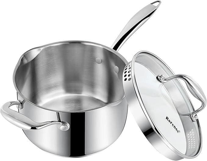 Rorence Stainless Steel Saucepan Sauce Pan with Pour Spout & Glass Lid with Strainer - 3.7 Quart