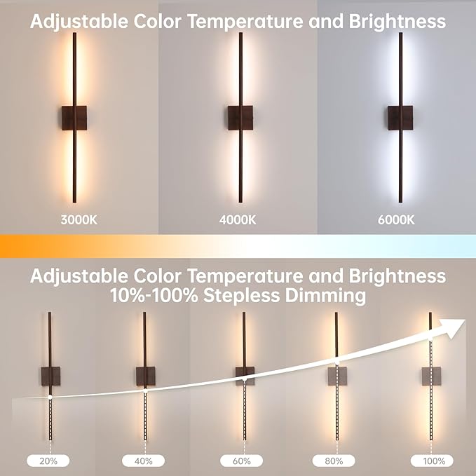 Battery Operated Wall Sconce Set of 2, 10400mAh Rechargeable Wall Sconces, 3000K-6000K Dimmable, 350°Rotate, Indoor Wall Lights for Bedroom Living Room Bathroom, Black Walnut, 31.5 Inch