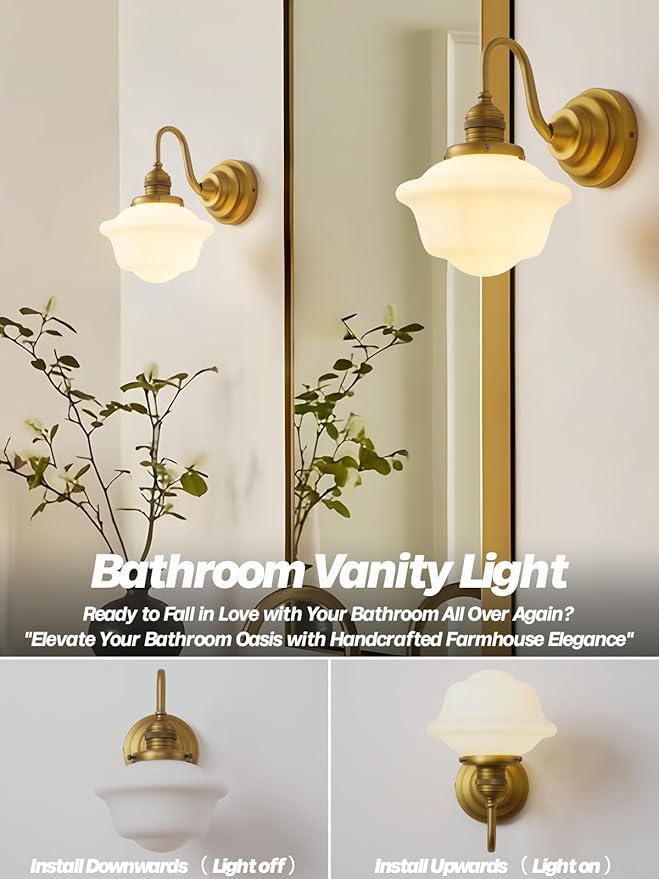 Vintage Wall Sconces Antique Brass Gold Bathroom Vanity Light with Milk Glass Hardwire Wall Sconce Light Lamp for Bathroom Mirror Living Room Bedroom Kitchen Indoor