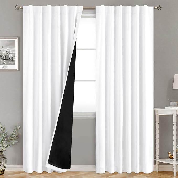 BGment Full Blackout Curtains with Thermal Insulation Liner Curtains 90 Inches Long, Rod Pocket and Back Tab Double Layer Room Darkening Window Curtain for Bedroom(52 x 90 Inch, 2 Panels, Pure White)