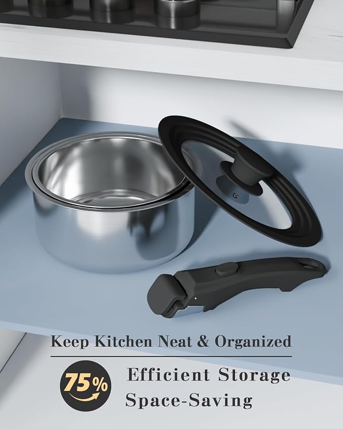 4-Pcs Stainless Steel Saucepan Set,3-Ply Stainless Steel Cookware Set with 7''&8'' Pots, Removable Handle and Multi-Purpose Silicone Lid - All Stovetop Compatible, PTFE & PFOA Free All Stovetop