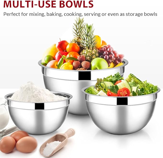 E-far Mixing Bowls with Lids Set of 5, Stainless Steel Black Mixing Bowls Metal Nesting Bowls with Airtight Lids for Cooking, Baking, Serving, Storage - Size 0.7/1/1.5/3/4.6QT - Dishwasher Safe