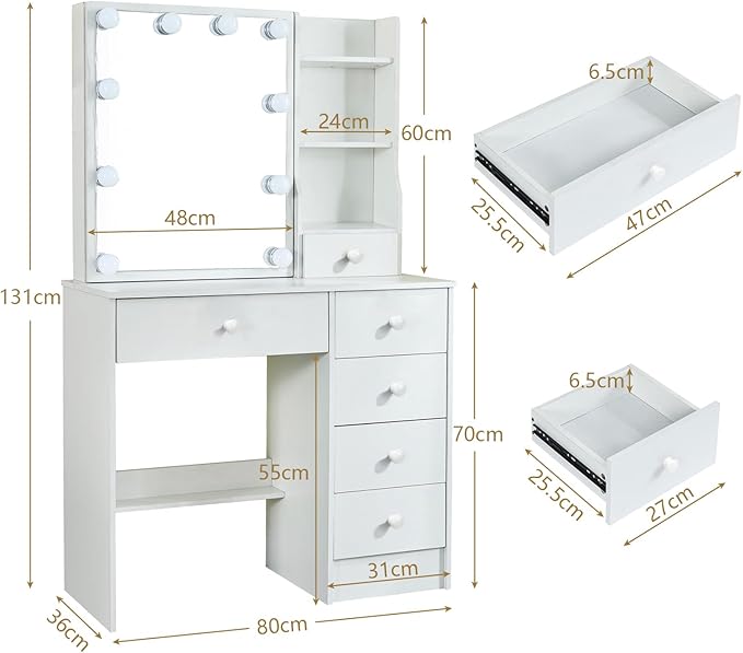 Vanity Desk with Mirror, 10 Lights, Makeup Table with 5 Drawers 6 Shelves, 3 Color Modes, Vanity Set with Chair for Bedroom, White