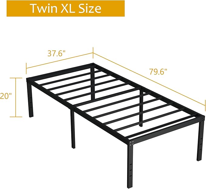 20 Inch Twin XL Bed Frames, Metal Twin XL Platform Bed Frame Support Up to 2500 lbs, No Box Spring Needed, Easy Assembly, Noise Free, Black