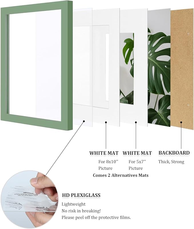 Egofine 11x14 Picture Frame Made of Solid Wood Covered by Plexiglass, Display Pictures 5x7/8x10 with Mat or 11x14 Without Mat for Table Top Display and Wall Mounting Photo Frame, Green