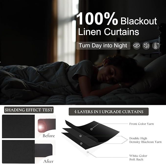 Black Boho Curtains for Bedroom 90 Inches Long Sound Proof Blackout Linen Window Treatment Drapes Double Full Total Light Blocking Floor to Ceiling Curtains for Dining Room 90 Length 2 Panel Back Tab