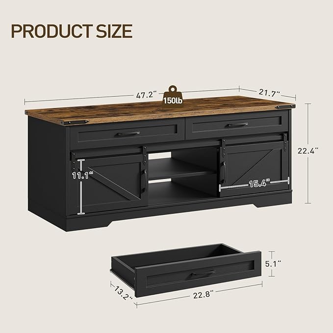 47" Farmhouse Coffee Table with Storage and 2 Drawers, Large Rustic Center Table with Sliding Barn Doors & Open Compartments, Wooden Coffee Table for Living Room, Black and Rustic Brown