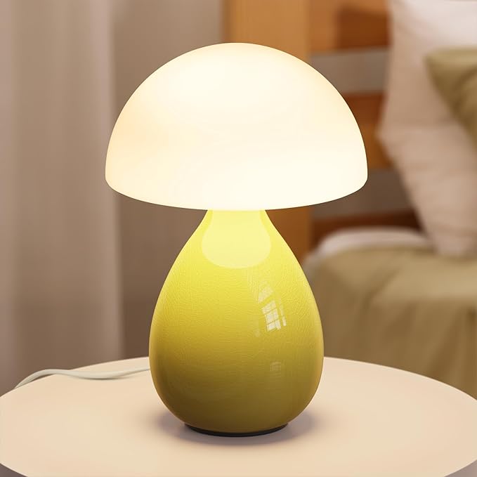 Mushroom Lamp Bedside, Mini Modern Lamp Small Vintage Table Nightstand Light, Small Light Dimmable for Bedroom, Living Room, Ceramic Base Glass Led Home Decor for Woman Children Gift