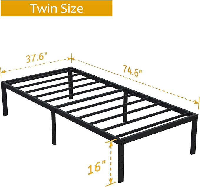 Twin Bed Frames No Box Spring Needed, 16 Inch Heavy Duty Metal Bed Frame Twin Support Up to 2500 lbs, Easy Assembly, Noise Free, Black